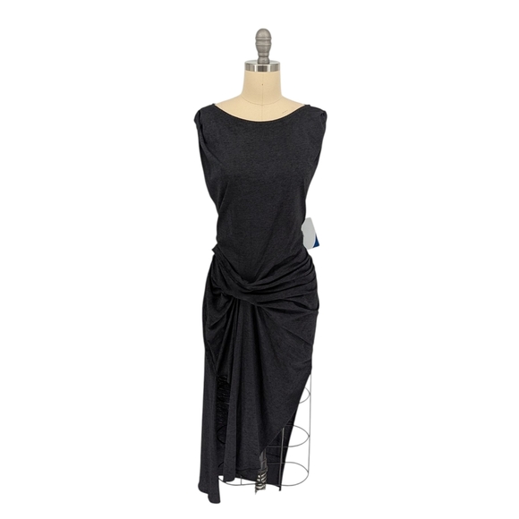 00794 All Staints Ruched Waist Asymmetrical Jersey Knit Dress Dark Gray Small - Picture 1 of 7